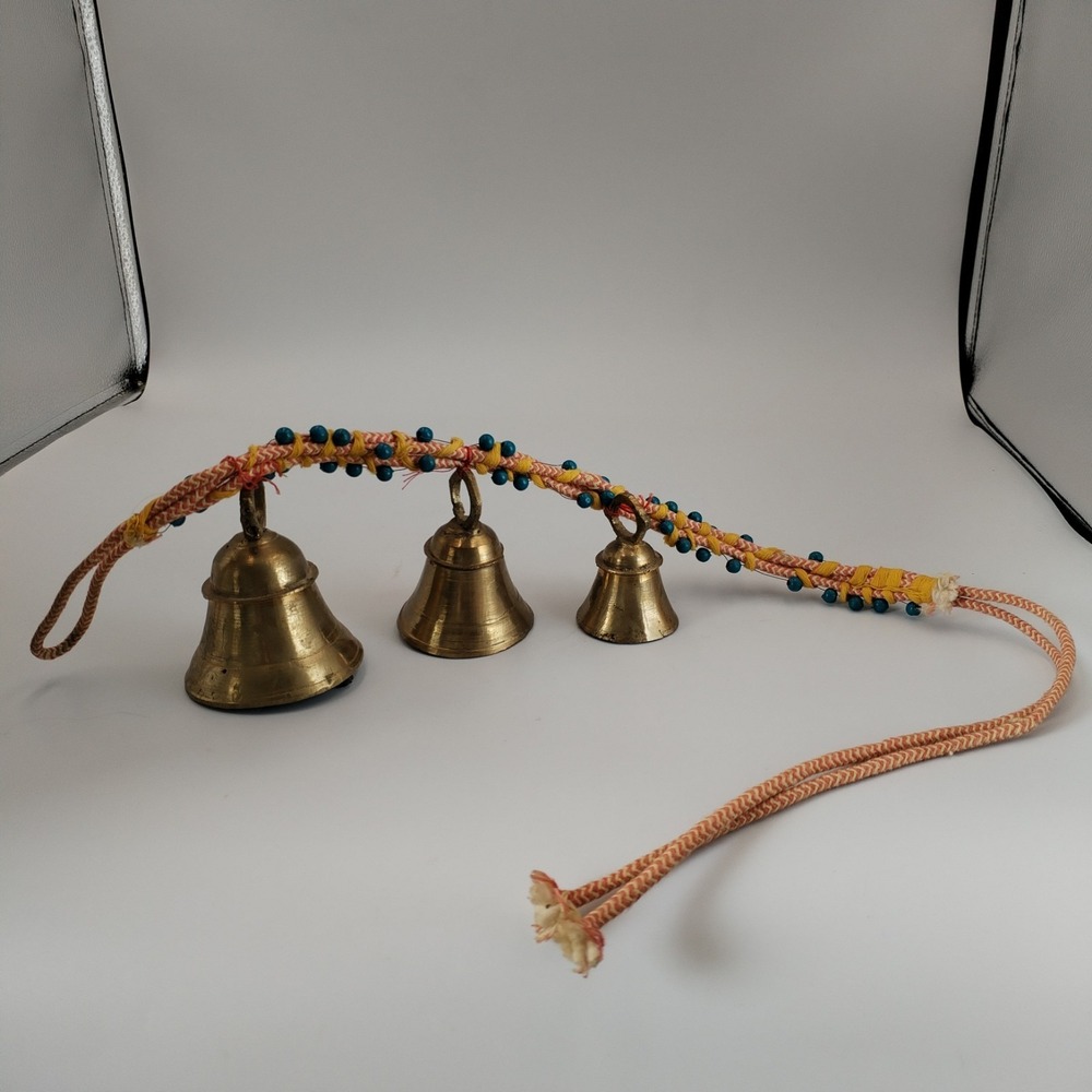 Vintage‎ India Brass Bells on Rope String of 3 Beaded Door Hanger Boho Chime Vtg